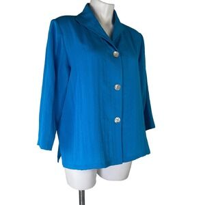 Fridaze Top Blouse Turquoise Blue Linen 3/4 sleeve Button-Up Side Slits Womens L